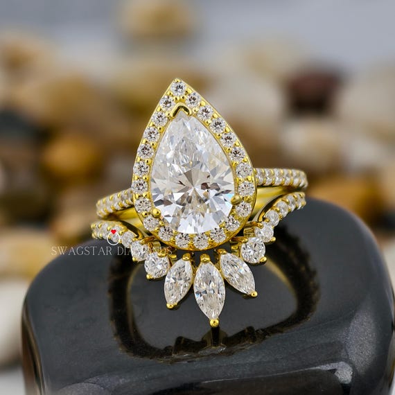 Pear Cut Engagement Ring Lab Grown Diamond, 2 CT Solitaire Diamond Ring, 18K Yellow Gold Ring, Double Band Ring, Bazel Set Ring For Women