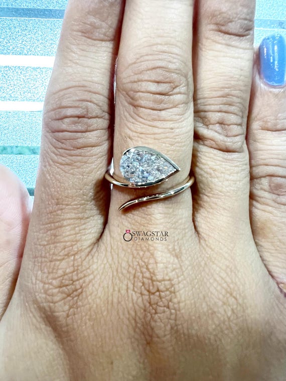 Swirl Bypass Set Minimalist Promise Ring | 2 Carat Pear Cut Lab Grown Diamond Wedding Ring for Bride, Half Bezel Set Handmade Solitaire Ring