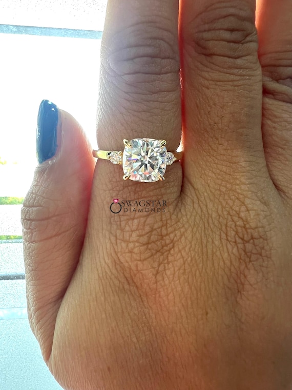 3 Carat Cushion Cut Lab Diamond Three Stone Ring | Cushion Cut IGI Certified Lab Diamond Ring | Cushion Cut Bezel Engagement Ring