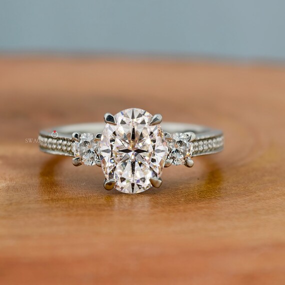Oval Cut Three Stone Moissanite Engagement Ring, 14K Solid Gold With Solitaire Ring, Side Stone Round Cut, 3 Stone Wedding Anniversary Gift
