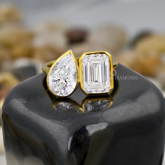Pear And Emerald Cut Engagement Ring Lab Grown Diamond Ring, 2+2 CT Diamond Ring, Yellow Gold Ring, Two Stone Ring, Yellow Band Diamond Ring