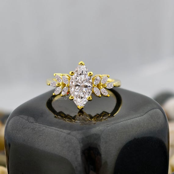 2ct Marquise Cut Cluster Engagement Ring Lab Grown Diamond V Claw Prong Set Ring CVD Solitaire Diamond Ring, Side Marquise Cut Diamond Ring