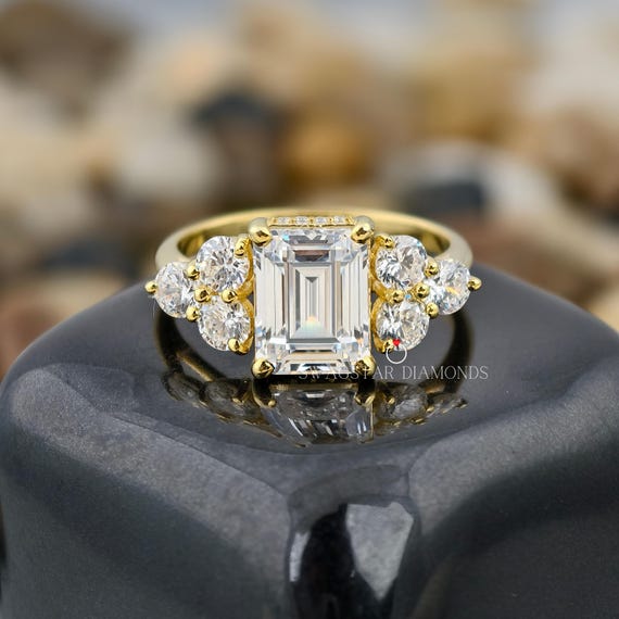 Emerald Cut Engagement Ring Lab Grown Diamond, 3 CT Diamond Ring, Prong Setting Ring, Side Accents Round, 18k Yellow Gold Ring For Women