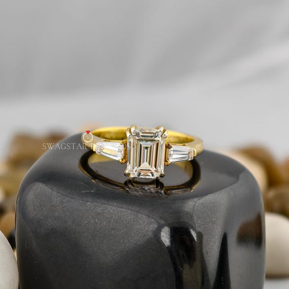 Emerald Cut Engagement Ring Lab Grown Diamond, 2 CT Diamond Ring, Three Stone Ring, Side Tapered Baguette Diamond Ring, Wedding Ring For Her