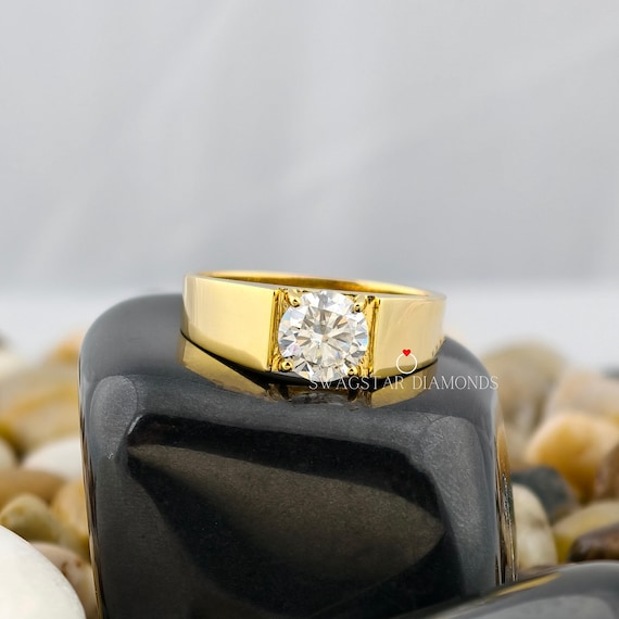 Round Cut Engagement Ring Lab Grown Diamond, 3 CT Diamond Ring, 14K Yellow Gold Ring, Solitaire Diamond Ring, Broad Band Ring, Prong Set