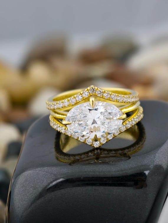 Oval And Round  Cut Engagement Ring Lab Grown Diamond, 3 CT Diamond Ring, Prong Set Ring, Three Band Wedding Ring For Bridal, yellow Gold
