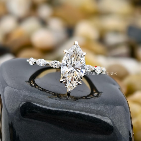 Marquise Cut Engagement Ring Lab Grown Diamond, 2 CT Solitaire Diamond Ring, Marquise Accent, 18K Gold Ring, Wedding Ring For Bridal