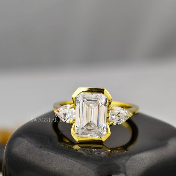 Emerald Cut Engagement Ring Lab Grown Diamond, 2 CT Diamond Ring, Three Stone Half Bezel Setting Ring, Side Pear Diamond Ring, Wedding Ring
