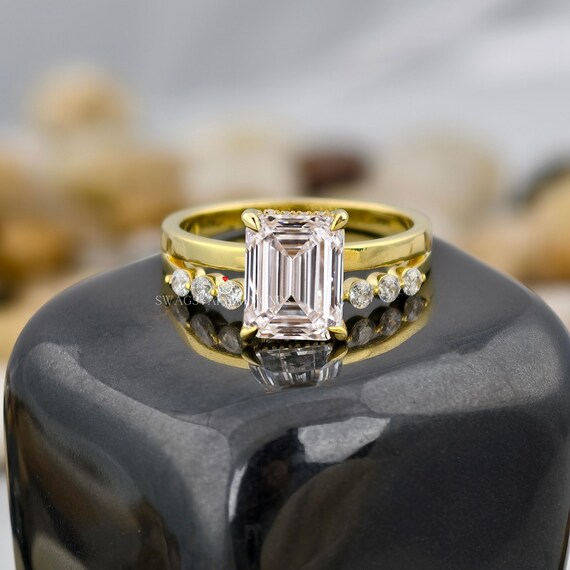 3CT Emerald Cut Bridal Set Ring / Emerald Cut Hidden Halo Set Ring / Emerald Cut Lab Grown Diamond Wedding Set Ring / Anniversary Ring Gift