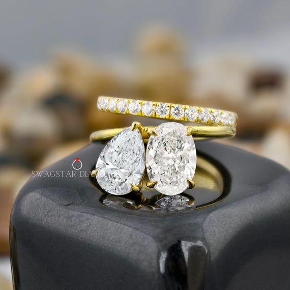 4 CT Toi Et Moi Pear And Oval Cut Engagement Ring Lab Grown Diamond Ring, Yellow Gold Ring, Two Stone Ring, Double Band Diamond Ring For Her