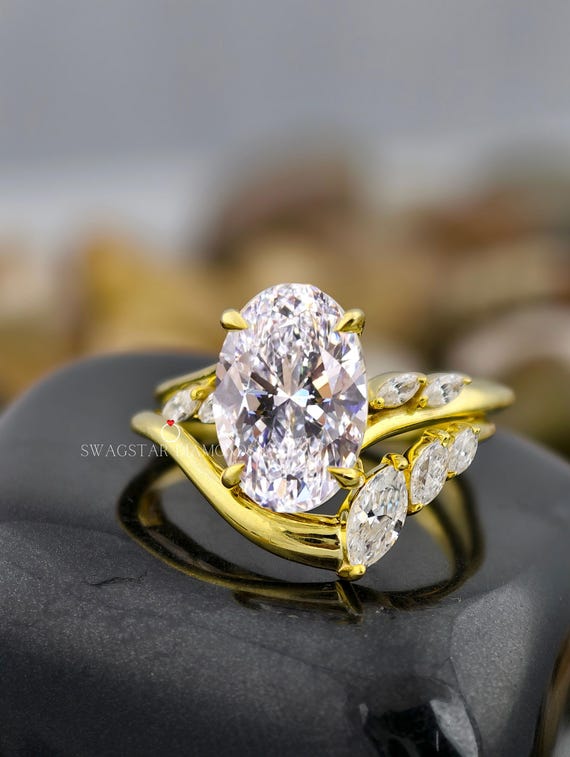 2CT Oval Cut Bridal Set Ring Lab Grown Diamond Ring Oval Cut Wedding Matching Ring Lab Diamond Engagement Ring For Bride 14k yellow Gold