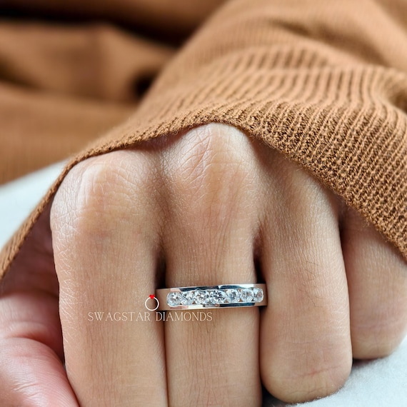 Channel Setting Ring, Round Cut Engagement Ring Lab Grown Diamond, 1.05 CT Diamond Ring, Seven Stone Ring, 14K White Gold Ring For Her/him