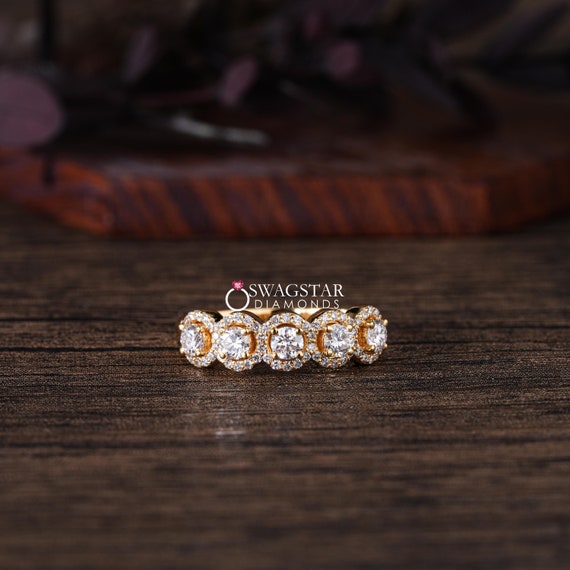 0.99 Ct Lab Grown Round Shape Diamond Band, Halo Half Eternity Band, Diamond Wedding Band for Women, Anniversary Gift, Standalone Band