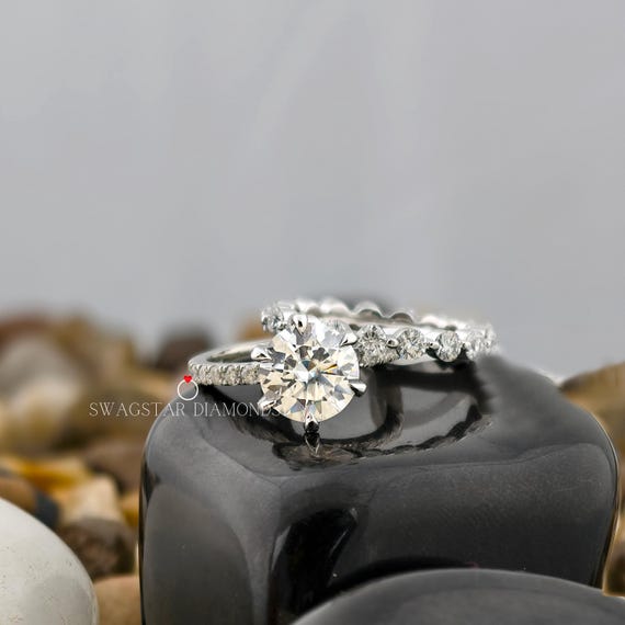 Round Cut Engagement Ring Lab Grown Diamond, 2 CT Solitaire Diamond Ring, Halo Set Ring For Her, Bridal Set Ring For Women, Anniversary Ring
