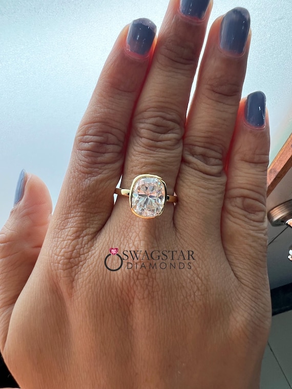 3 Carat Elongated Cushion Cut Lab Diamond Bezel Set Ring | Cushion Cut IGI Certified Lab Diamond Ring | Cushion Cut Bezel Engagement Ring