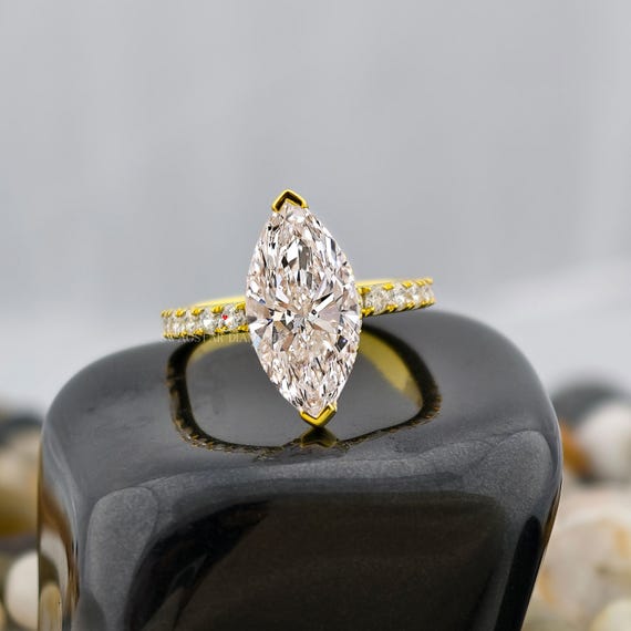 V Prong Marquise Cut Ring Lab Grown 3CT Diamond Hidden Halo Ring IGI Certified Lab created Diamond Ring, Side Accents Round Diamond Ring