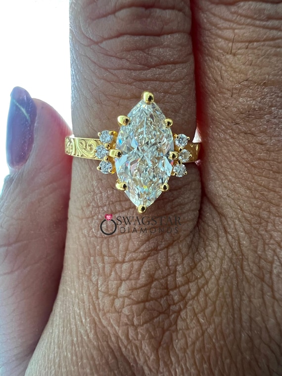 Vintage 2 Carat Marquise Lab Grown Diamond Engagement Ring: IGI Certified