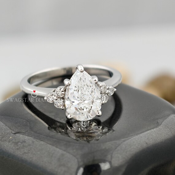 Pear And Round Shaped Lab Grown Diamond Engagement Ring, 2 carat Lab Grown Diamond, Prong Set Ring, 18K White Gold Ring, Anniversary Gift