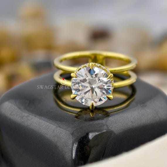 Round Cut Engagement Ring Lab Grown Diamond Ring, 3 CT Diamond Ring, Prong Set Ring, Hidden Halo Setting Ring For Women, Double Band Ring