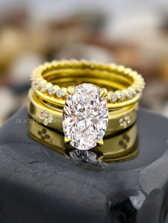 3CT Oval Cut Wedding Bridal Set Ring Lab Grown Diamond, Lab Created Diamond Ring, Prong Set Ring Three Band Wedding Ring For Bridal, 14kGold