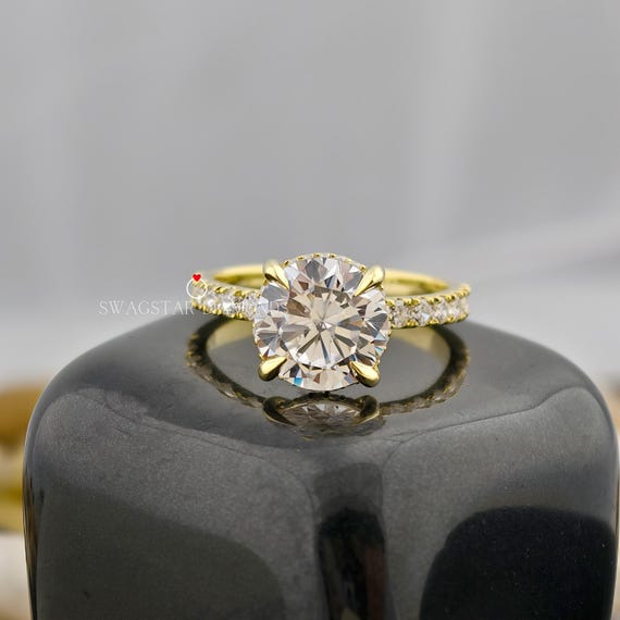 Round Cut Engagement Ring Lab Grown Diamond, 3 CT Diamond Ring, Pave Setting, Hidden Halo Setting Ring, 18k Solid Gold Ring, Wedding Gift