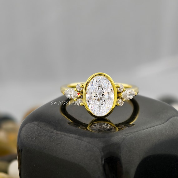 Oval Cut Engagement Ring Lab Grown Diamond, 2 CT Solitaire Diamond Ring, 18K Yellow Gold Ring, Side Accents Marquise And Round Diamond Ring