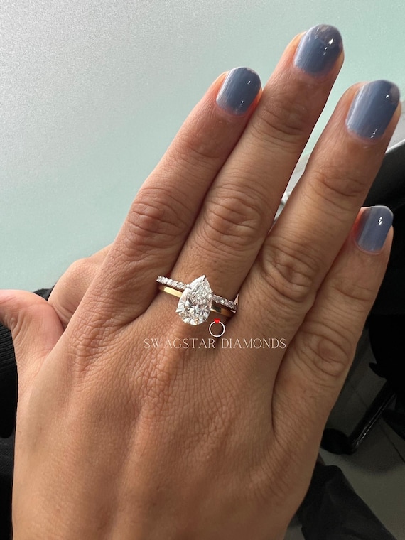 2 Carat Pear Cut Bridal Ring Set Lab Diamond Matching Ring Set Cvd Diamond Ring Pear Cut Wedding Lab Grown Diamond Ring Set For Bride