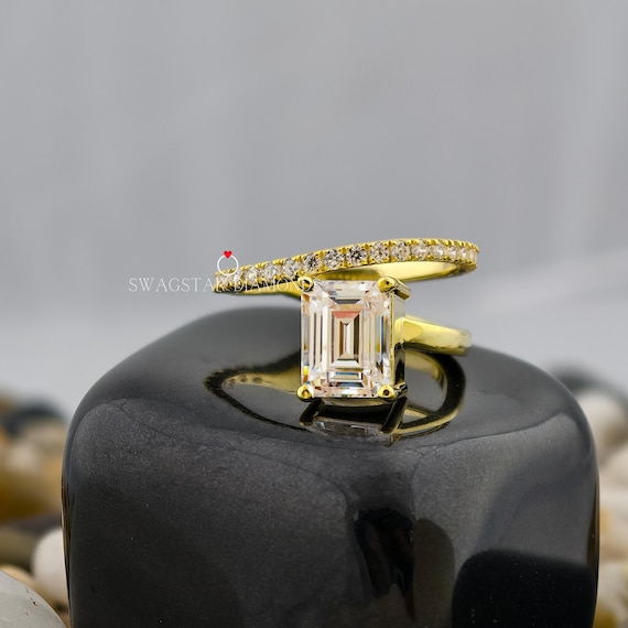 Emerald Cut Engagement Ring Lab Grown Diamond, 2 CT Solitaire Diamond Ring, Open Wrap Statement Ring, 14K Gold Ring, Unique Style Ring