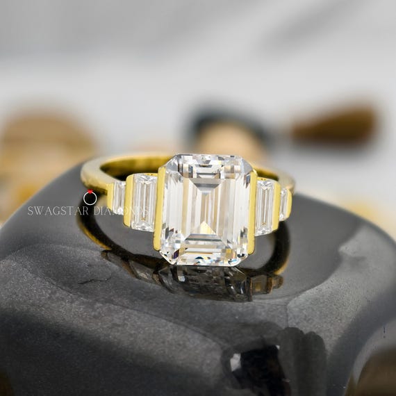 Emerald Cut Engagement Ring Lab Grown Diamond, 2 CT Diamond Ring, Five Stone Half Bezel Set Ring, Side Baguette Diamond Ring, Wedding Ring