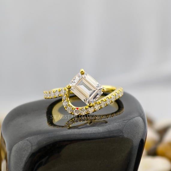 Emerald Cut Engagement Ring Lab Grown Diamond, 1.20 CT Solitaire Diamond Ring, Wave Style Pave Setting, 18K Gold Ring, Wedding Ring Hor Her