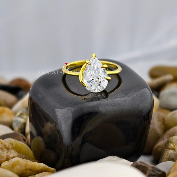 Pear Cut Engagement Ring Lab Grown Diamond, 2 CT Solitaire Diamond Ring, 18K Gold Ring, Unique Style Prong Setting, Propose Ring For Her