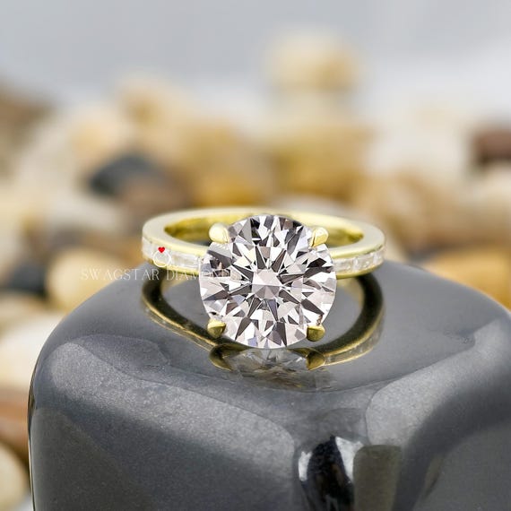 5 Carat Round Cut Ring Baguette Cut Lab Diamond Band Ring Round Cut Engagement Ring Statement Ring IGI Certified Lab Grown Diamond Ring 14KT