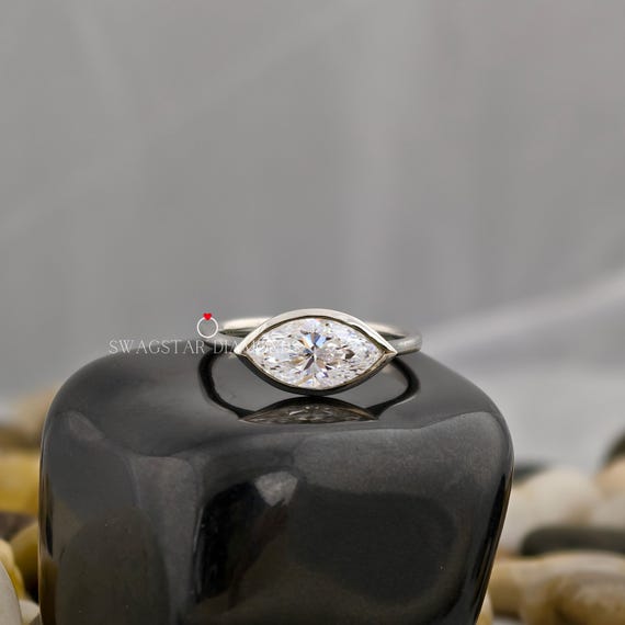 Marquise Cut Engagement Ring Lab Grown Diamond, 2 CT Solitaire Diamond Ring, East-West Diamond Ring, 18K White Gold Ring, Bezel Setting