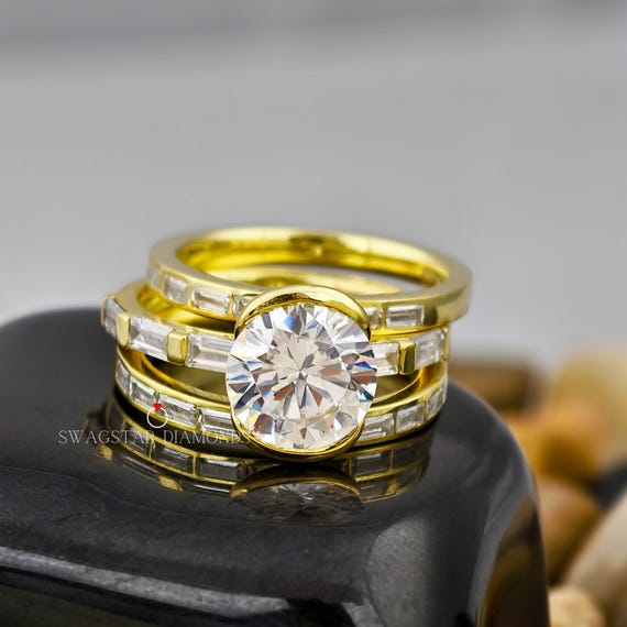 Round Cut Engagement Ring Lab Grown Diamond, 2 CT Diamond Ring, Half Bezel Setting Ring, 14K Solid Gold Ring, Wedding Ring Set For Bride