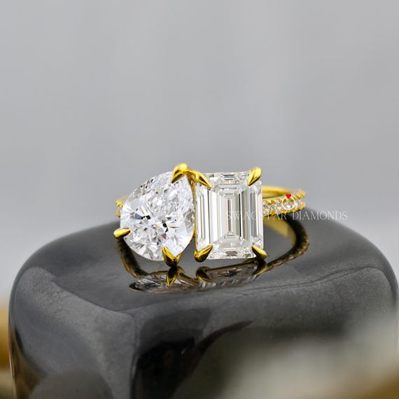 Pear And Emerald Cut Engagement Ring Lab Grown Diamond, 4 CT Diamond Ring, Toi Et Moi Ring, Pave Setting, Two Stone Ring, Anniversary Gift