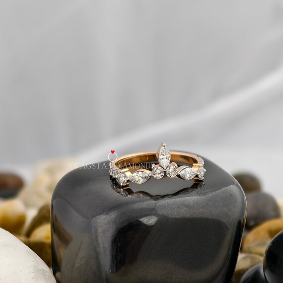 Marquise & Round Cut Engagement Ring Lab Grown Diamond, 1.05 CT Diamond Ring, Chevron Shank Ring, 14K Rose Gold Ring, Stackable Band Ring