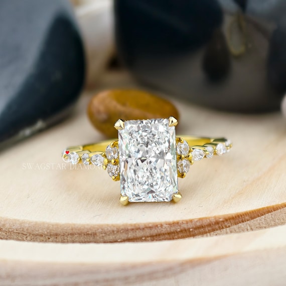 2.00 CT Radiant Cut Engagement Ring Lab Grown Diamond Ring, Pave Set Ring, Side Accents Round And Pear Diamond Ring, Solid 18k Gold Ring