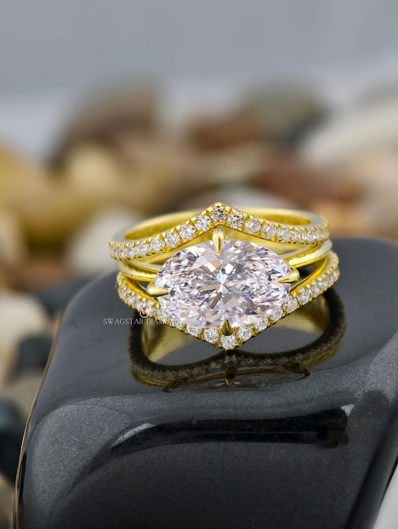 3.00 CT Oval Cut Diamond Bridal Ring Set / 14K Yellow Gold Oval Cut Lab Diamond Ring three ring Wedding Band Set / Anniversary Gifts For Her