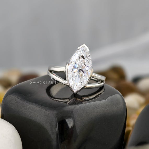 Marquise Cut Engagement Ring Lab Grown Diamond, 2 CT Solitaire Diamond Ring,18K White Gold Ring, Half Bezel Setting, Split Shank Ring