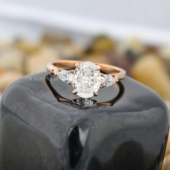 2 carat Oval Cut Lab Diamond Ring Engagement Ring Oval Pear Cut three Stone Ring 14K Gold Anniversary Wedding Proposal Ring Gift For Her