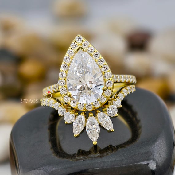 Pear Cut Engagement Ring Lab Grown Diamond, 2 CT Solitaire Diamond Ring, 18K Yellow Gold Ring, Double Band Ring, Bazel Set Ring For Women