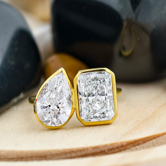4 CT Toi Et Moi Pear And Radiant Cut Engagement Ring Lab Grown Diamond Ring, Bezel Set Diamond, 18K Yellow Gold Ring, Two Stone Propose Ring