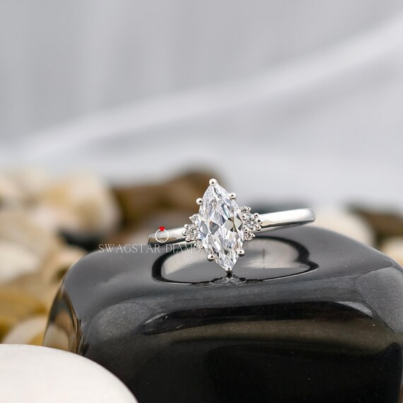 Marquise Cut Engagement Ring Lab Grown Diamond, 2 CT Solitaire Diamond Ring, Solid 18K White Gold Ring, Round Accent Ring, Minimalist Ring