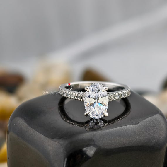Oval Cut Engagement Ring Lab Grown Diamond, 2 CT Solitaire Diamond Ring, Pave Setting, Solid 18K White Gold Ring, Hidden Halo Setting Ring