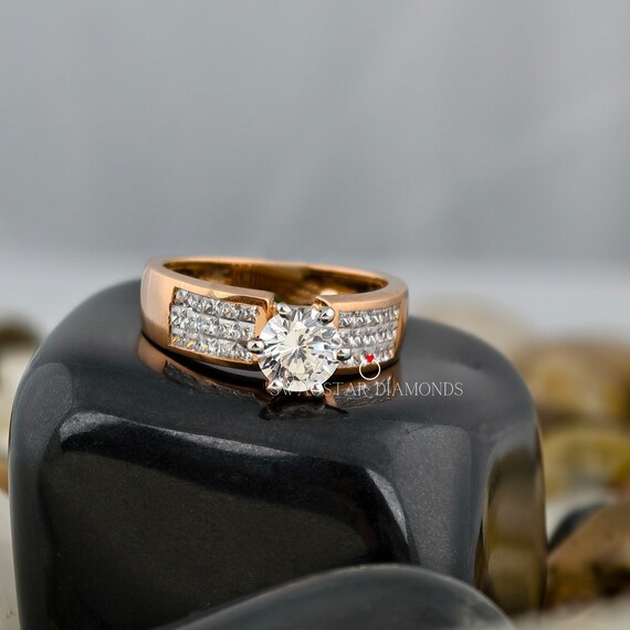 Round Cut Engagement Ring Lab Grown Diamond, 2 CT Solitaire Diamond Ring, Solid 14K Solid Gold Ring, Round Accent Ring, Broad Band Ring