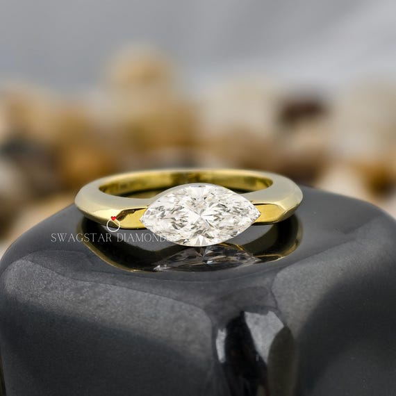 Marquise Cut Engagement Ring Lab Grown Diamond, 2 CT Solitaire Diamond Ring, 18K Yellow Gold Ring, Solitaire Diamond Ring, East West Ring