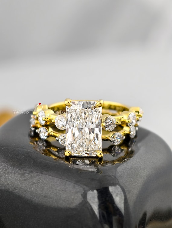 4 Carat Radiant Cut Lab Diamond Wedding Set Ring / Radiant Cut Bridal Set Ring / Radiant Cut Yellow Gold Set Ring / Anniversary Ring Gift