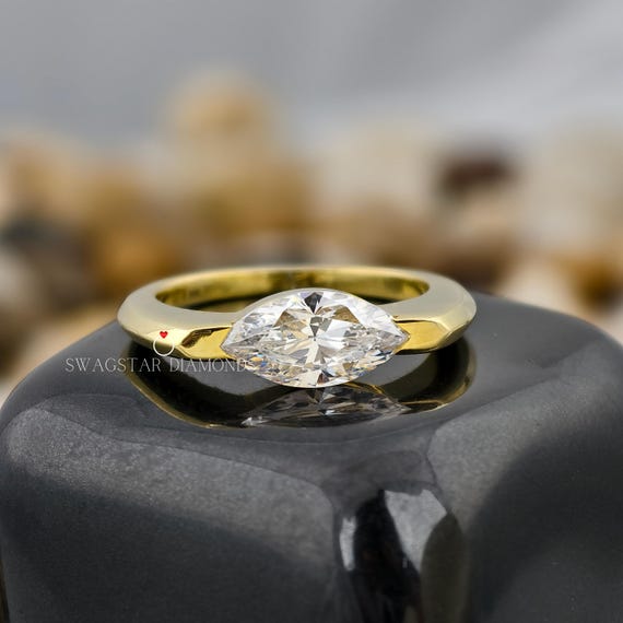 Marquise Cut Engagement Ring Lab Grown Diamond, 2 CT Solitaire Diamond Ring, 18K Yellow Gold Ring, Solitaire Diamond Ring, East West Ring