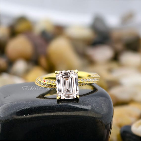 3CT Emerald Cut Hidden Halo Ring Lab Grown Diamond Ring Twisted Shank Engagement Wedding Anniversary Ring / IGI Certified CVD Diamond Ring