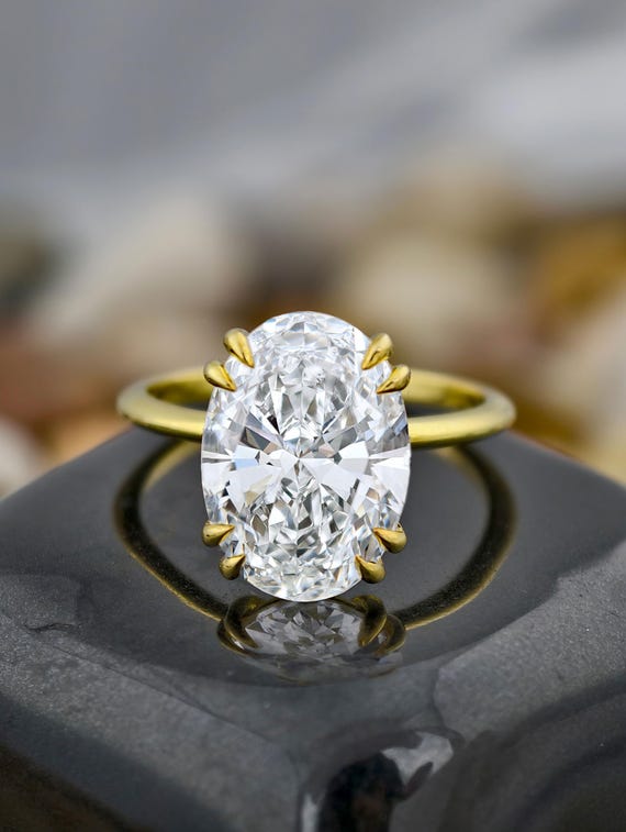 5 Carat Oval Lab Grown Diamond Solitaire Ring / Huge CVD Diamond IGI Certified / Double Claw Prong Engagement Ring in 14kt Solid Yellow Gold